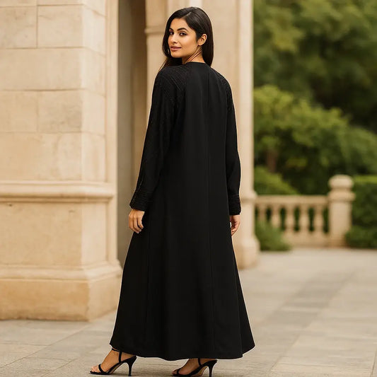 Elite Black Embroidered Abaya | Zip Front