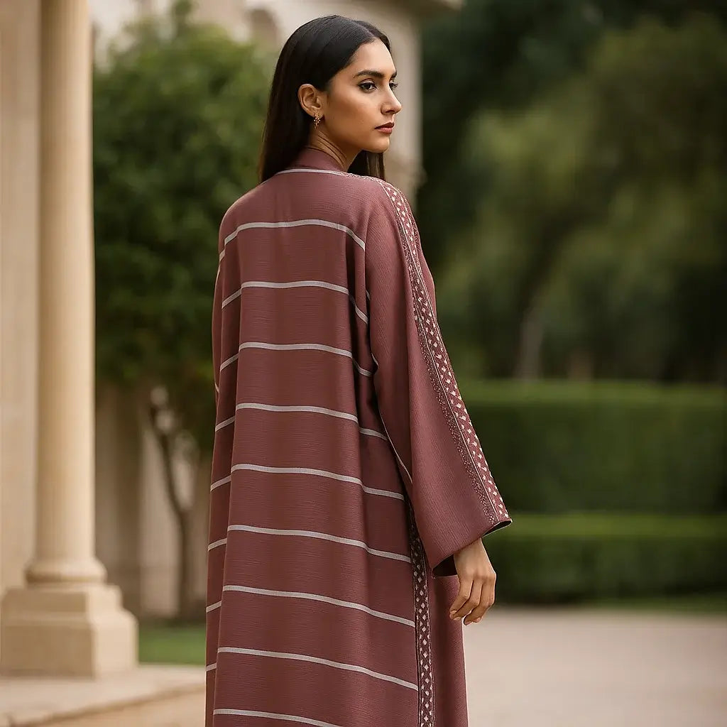 Embroidered Light Maroon Abaya – Front Open Touch Button Style