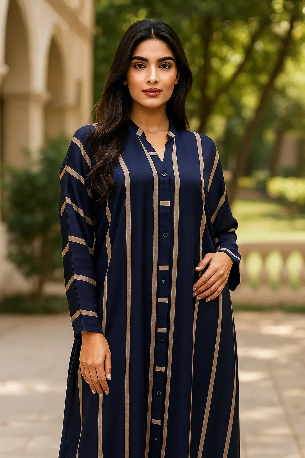 Navy Blue Printed Abaya | Front Open Button Design