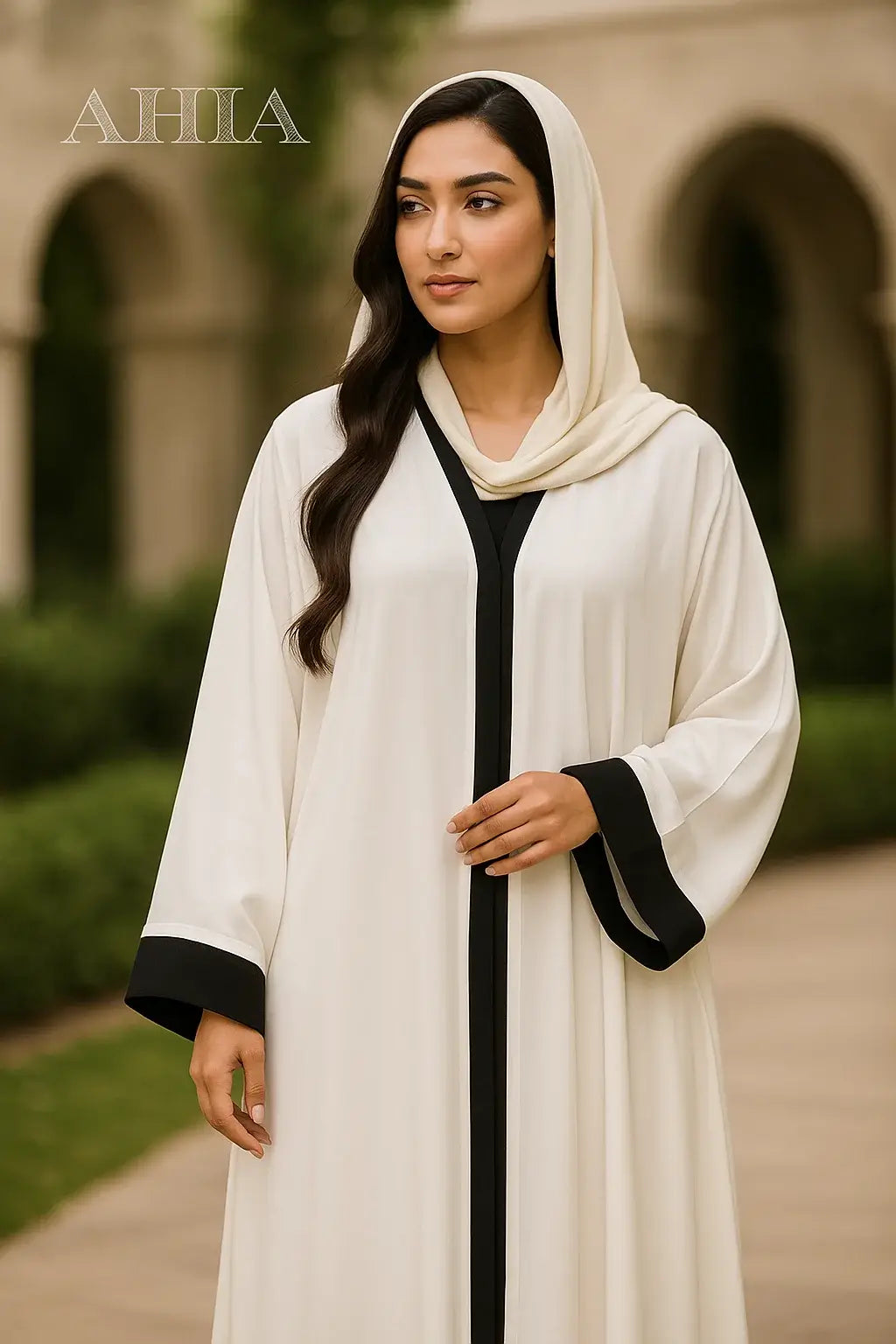 Pure White Abaya with Black Lace | Front Open Style