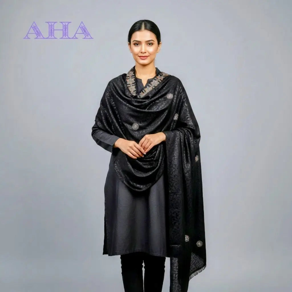 Black Chadar with Brown Floral Design