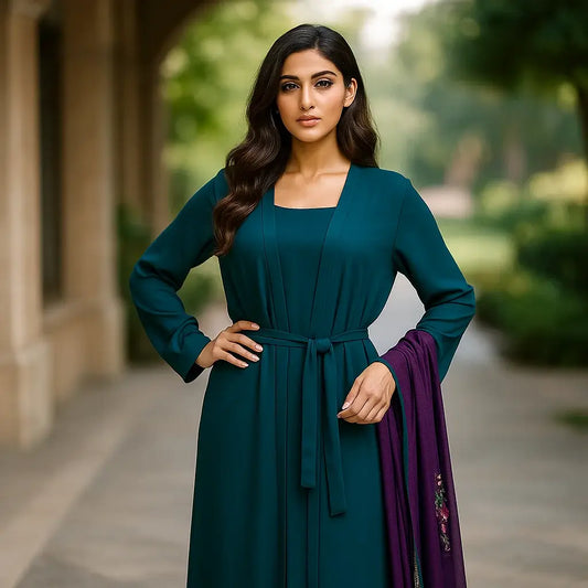 Dark Green Plain Abaya with Coat Style