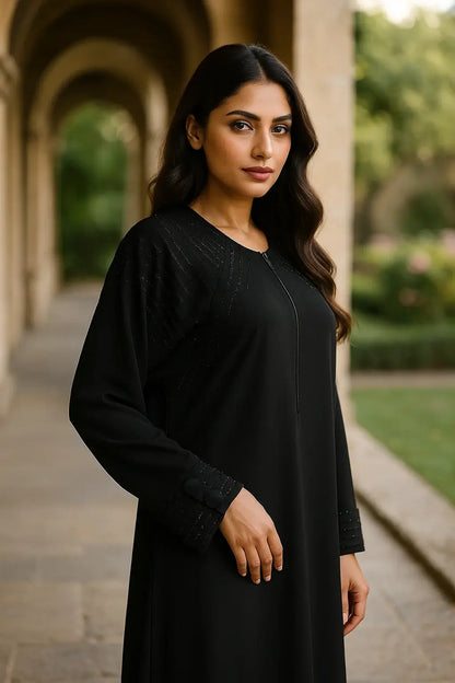 Elite Black Embroidered Abaya | Zip Front