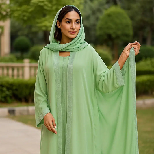 Light Green Layered Designer Abaya – Coat Style