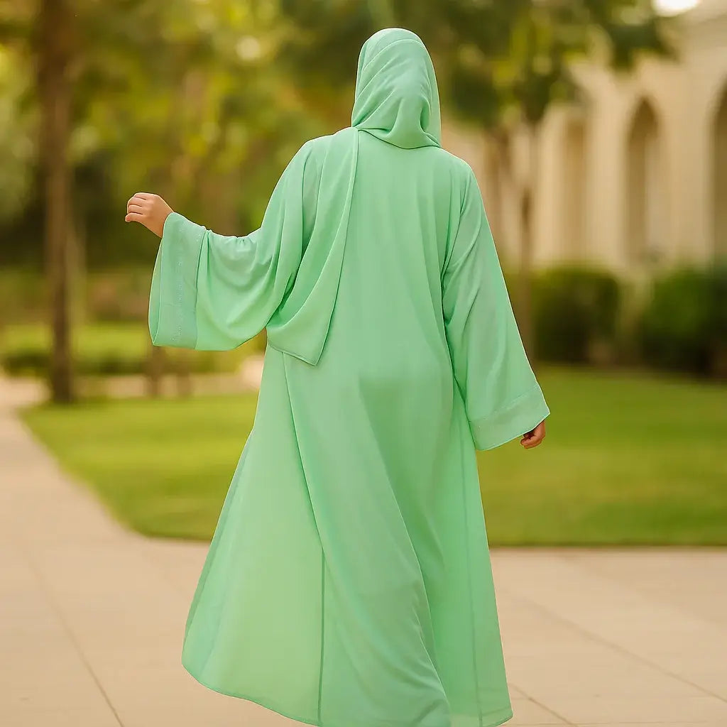 Light Green Layered Designer Abaya – Coat Style