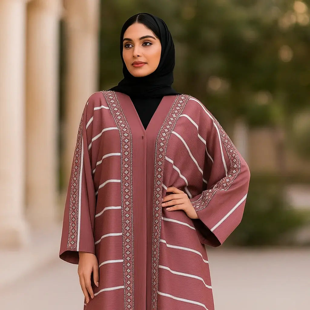 Embroidered Light Maroon Abaya – Front Open Touch Button Style