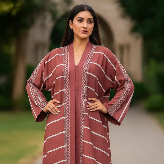 Embroidered Light Maroon Abaya – Front Open Touch Button Style