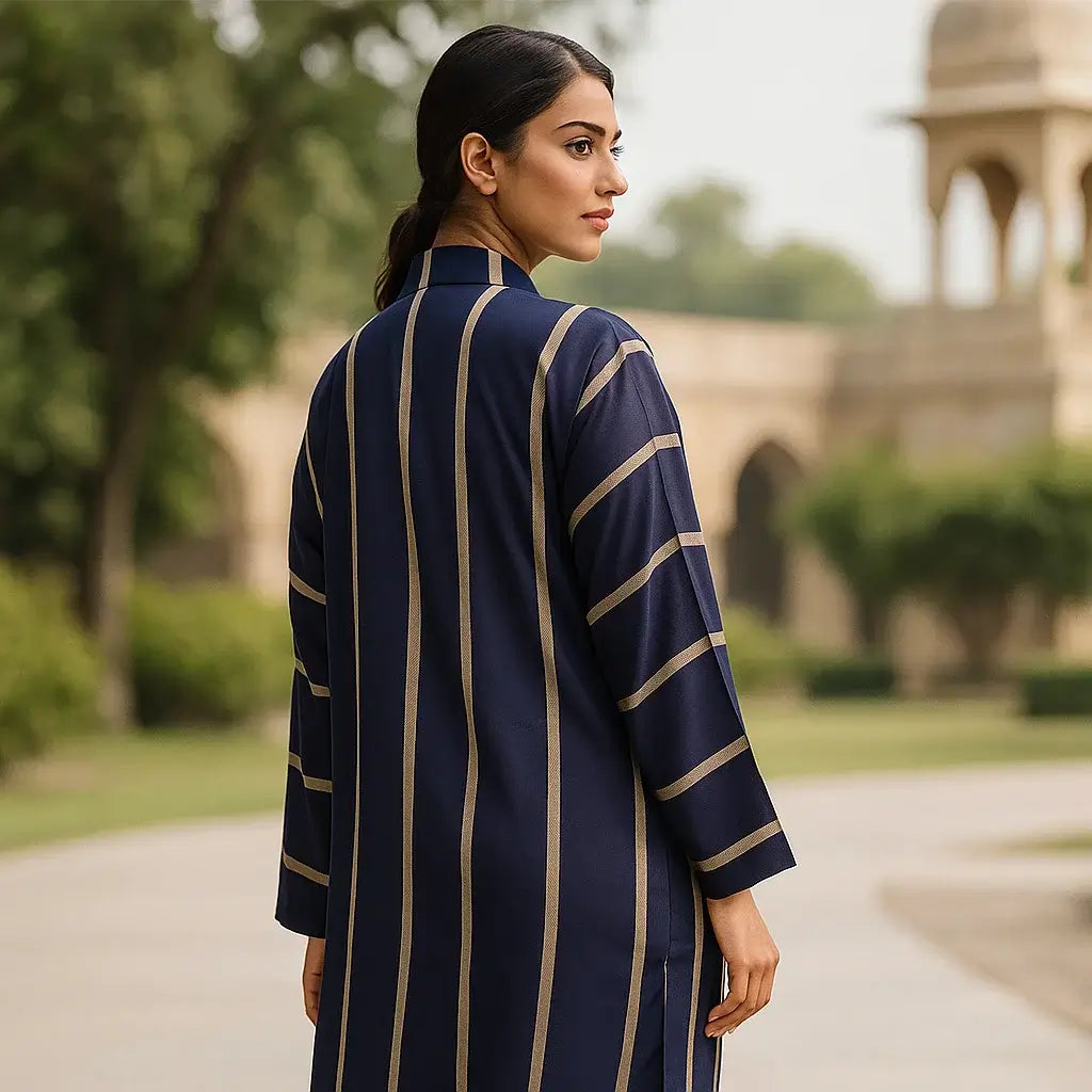 Navy Blue Printed Abaya | Front Open Button Design