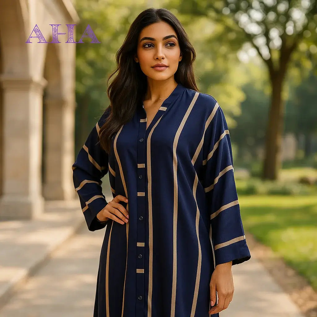 Navy Blue Printed Abaya | Front Open Button Design