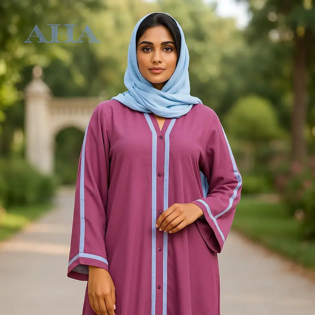 Pink Abaya with White Dupatta | Front Button Open Style