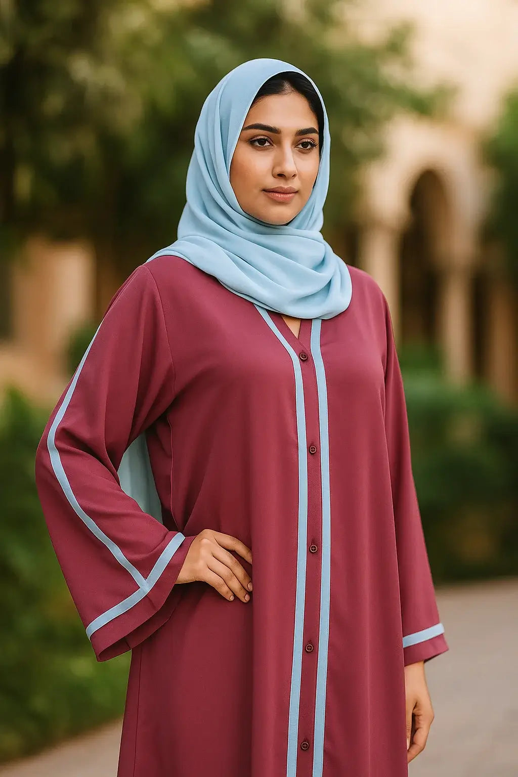 Pink Abaya with White Dupatta | Front Button Open Style
