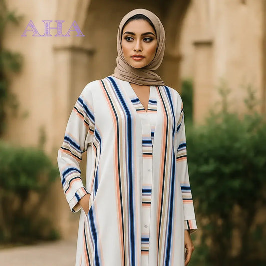 Printed Multi White Abaya – Front Open Touch Button Style