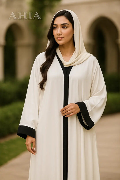 Pure White Abaya with Black Lace | Front Open Style