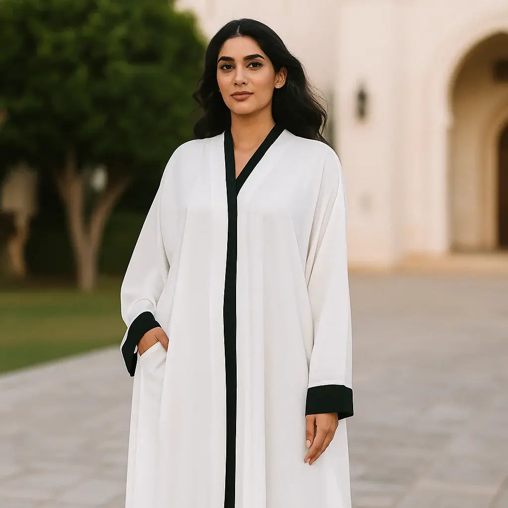 Pure White Abaya with Black Lace | Front Open Style