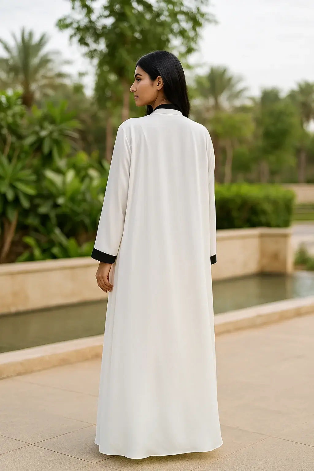 Pure White Abaya with Black Lace | Front Open Style