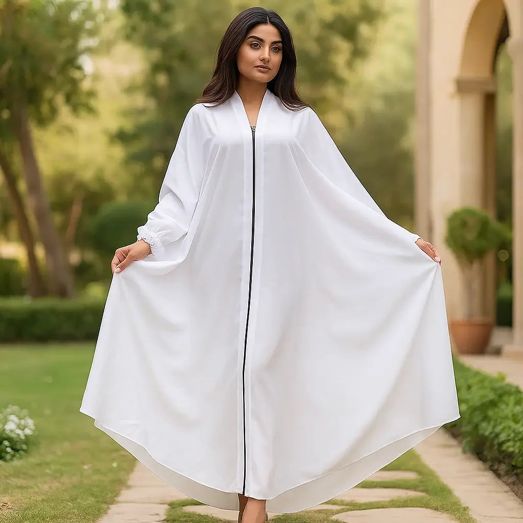 Plain White Abaya with Black Zip Style