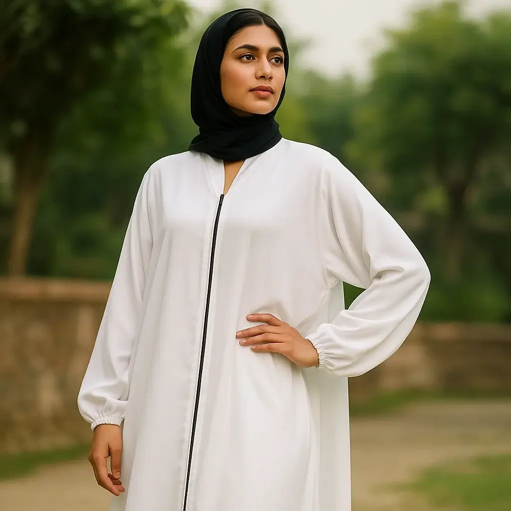 Plain White Abaya with Black Zip Style