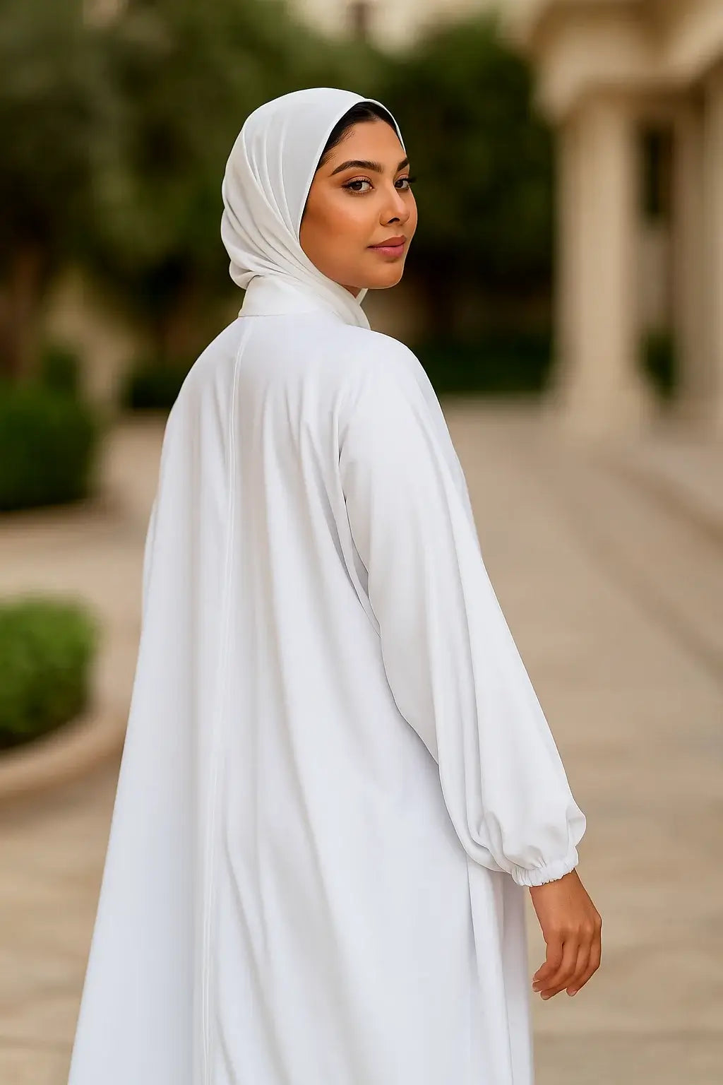 Plain White Abaya with Black Zip Style