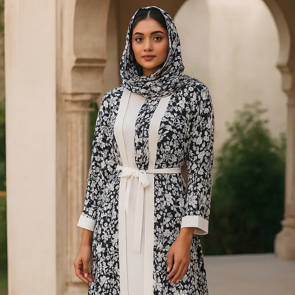 Premium Floral Printed Coat Style Abaya with Dupatta
