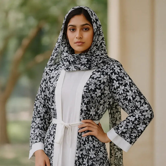 Premium Floral Printed Coat Style Abaya with Dupatta