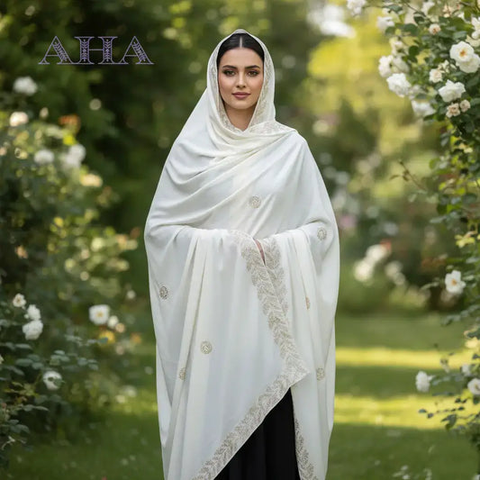 Embroidered White Chadar with Golden Flowers and Diamond Moti