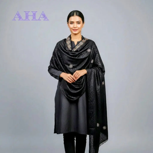 Black Chadar with Brown Floral Design