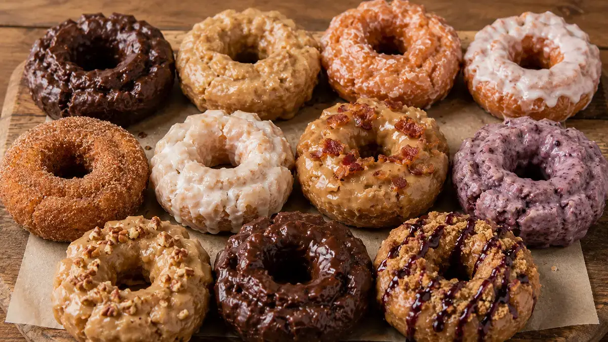 Assortment of old fashioned donut flavors including chocolate, maple and blueberry