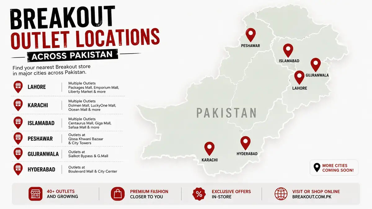 Breakout Sale: Live Discounts, Outlets and How to Shop It in Pakistan 5 Breakout outlet locations across Pakistan including Lahore, Karachi, Islamabad