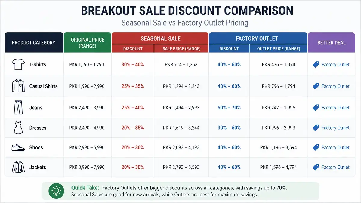 Breakout Sale: Live Discounts, Outlets and How to Shop It in Pakistan 3 Breakout sale discount comparison — seasonal vs factory outlet pricing