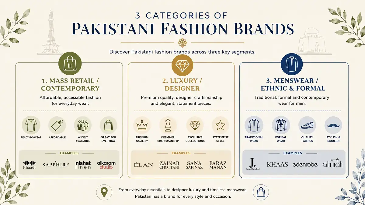 Categories of Pakistani fashion brands: retail, luxury, menswear
