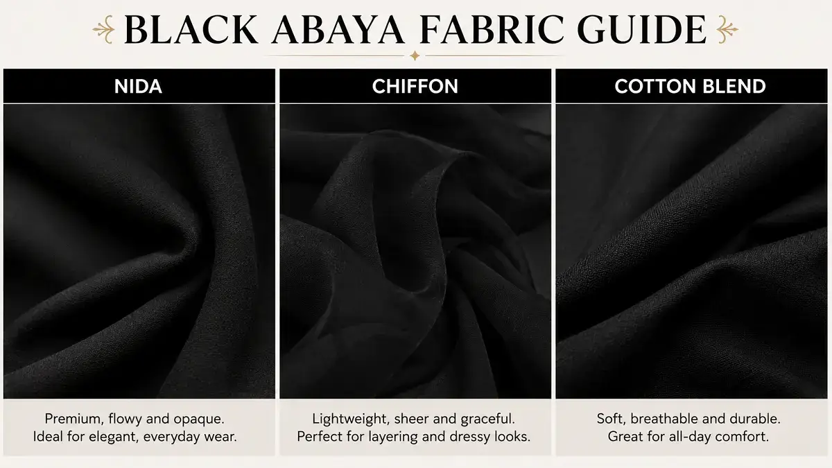 Close-up of black abaya fabric types: nida, chiffon, cotton blend