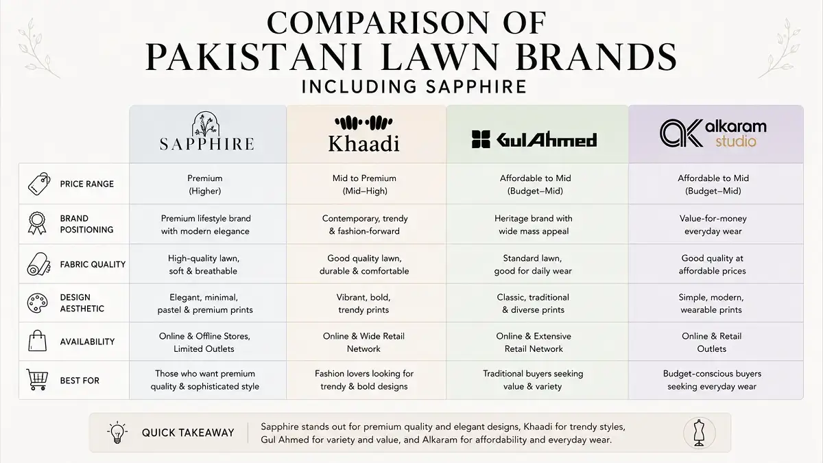 Comparison of Pakistani lawn brands including Sapphire