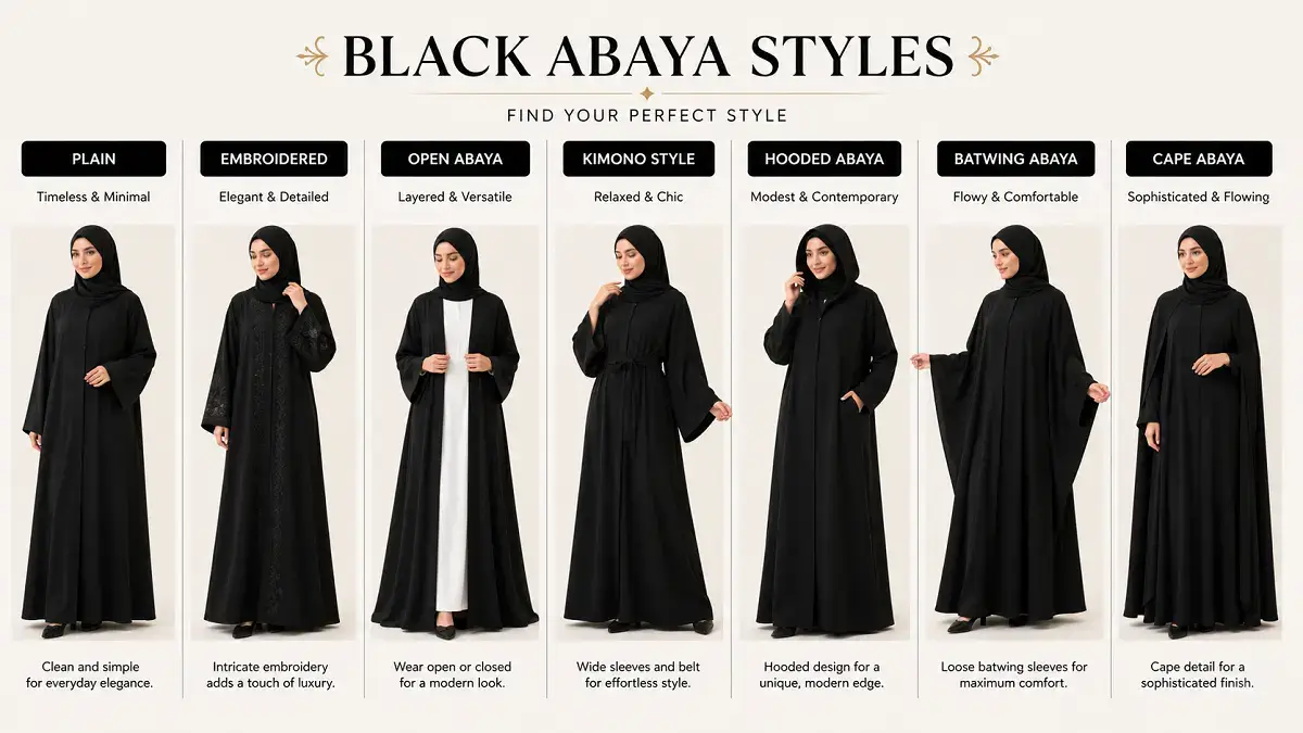 Comparison of black abaya styles: plain, embroidered, open, kimono, hooded