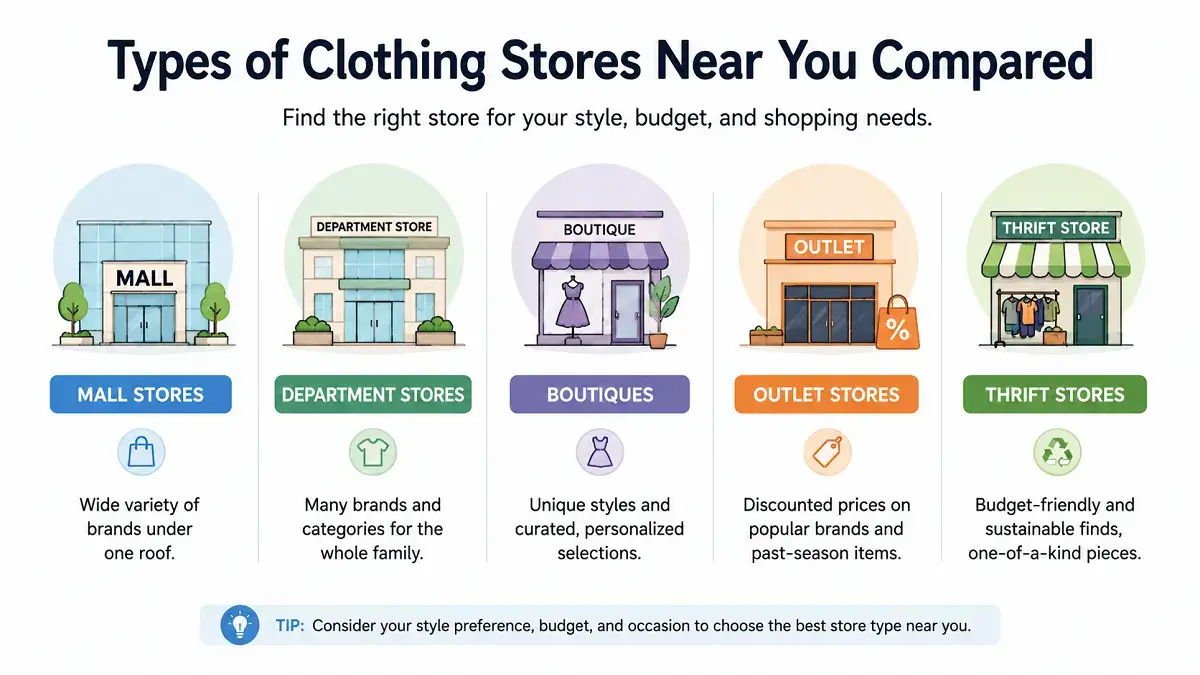 Comparison of clothing store types: mall, department store, boutique, outlet and thrift