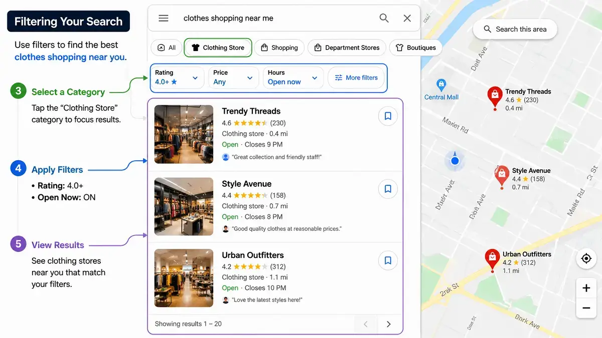 Filtering a clothes shopping near me search by category and open now