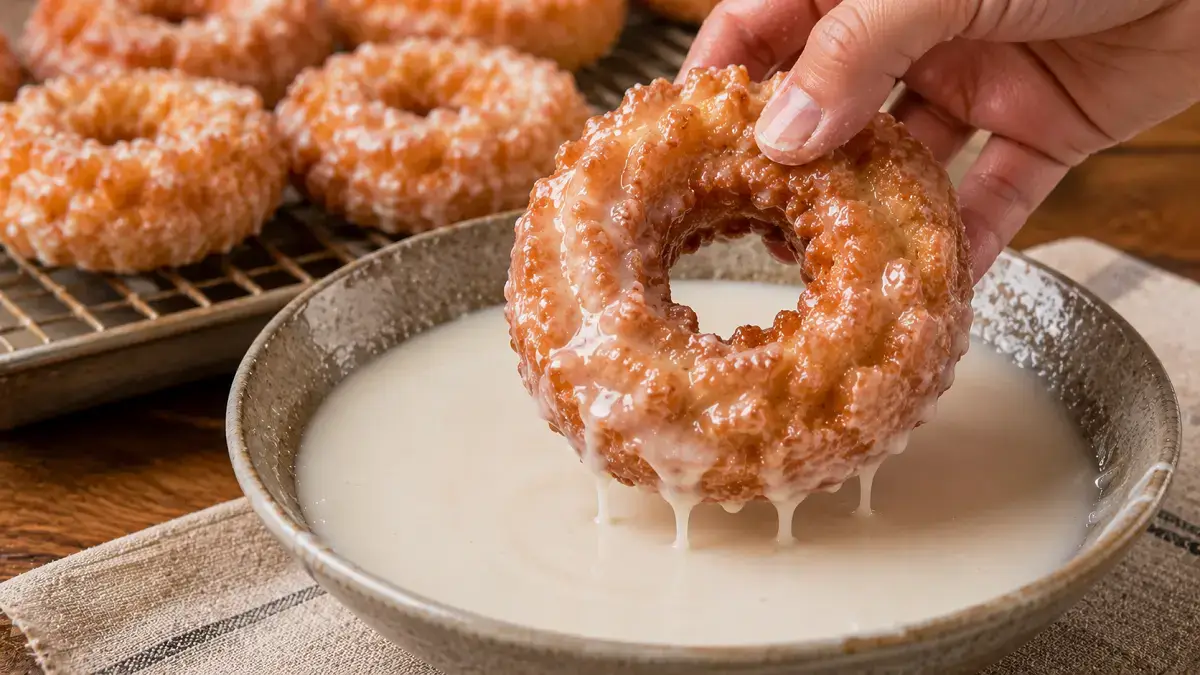 Freshly fried old fashioned donuts being dipped in glaze while warm