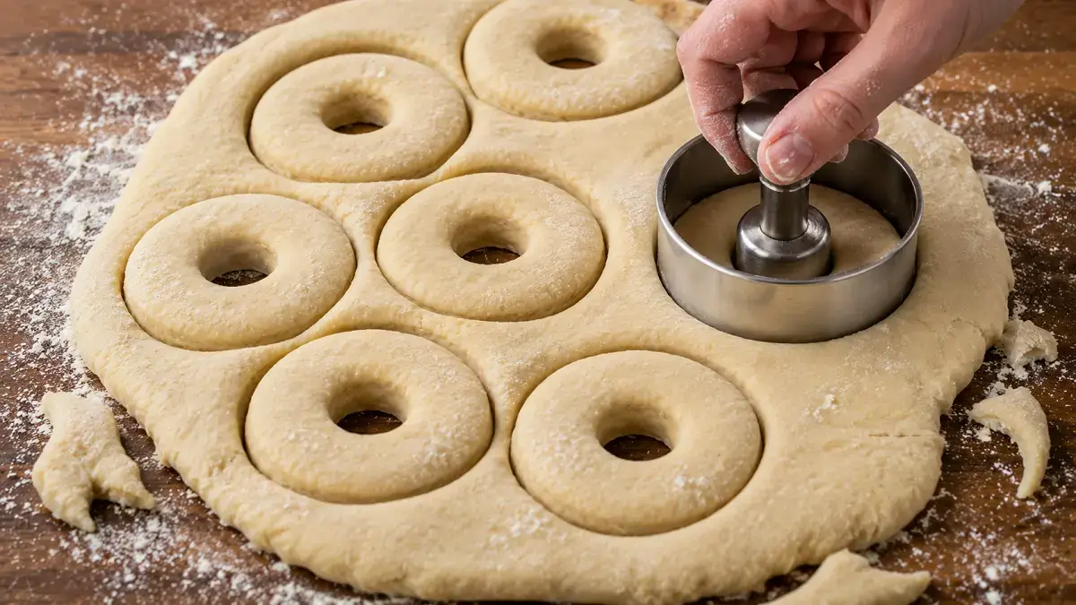 Old fashioned donut dough being cut with a donut cutter before frying