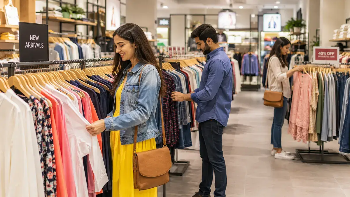 Shoppers browsing clothing racks while clothes shopping near them
