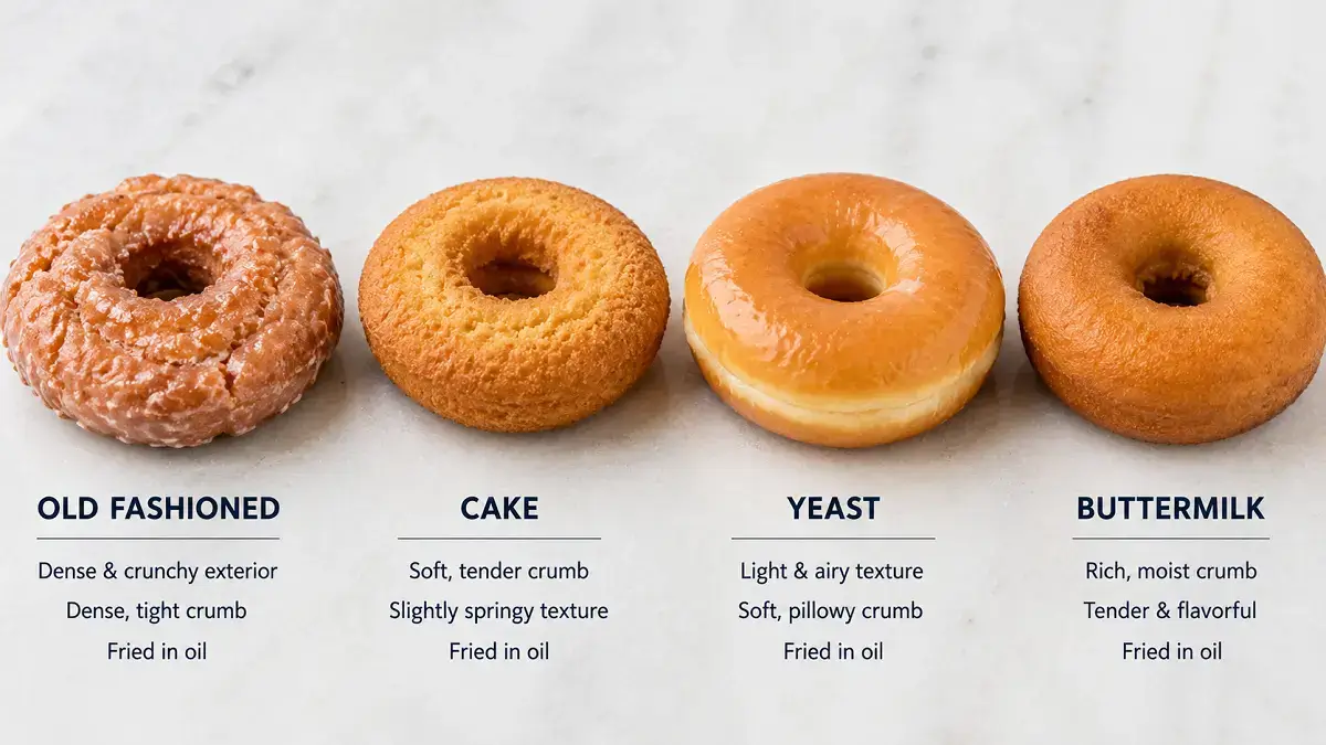 Side-by-side comparison of old fashioned, cake, yeast, and buttermilk donuts