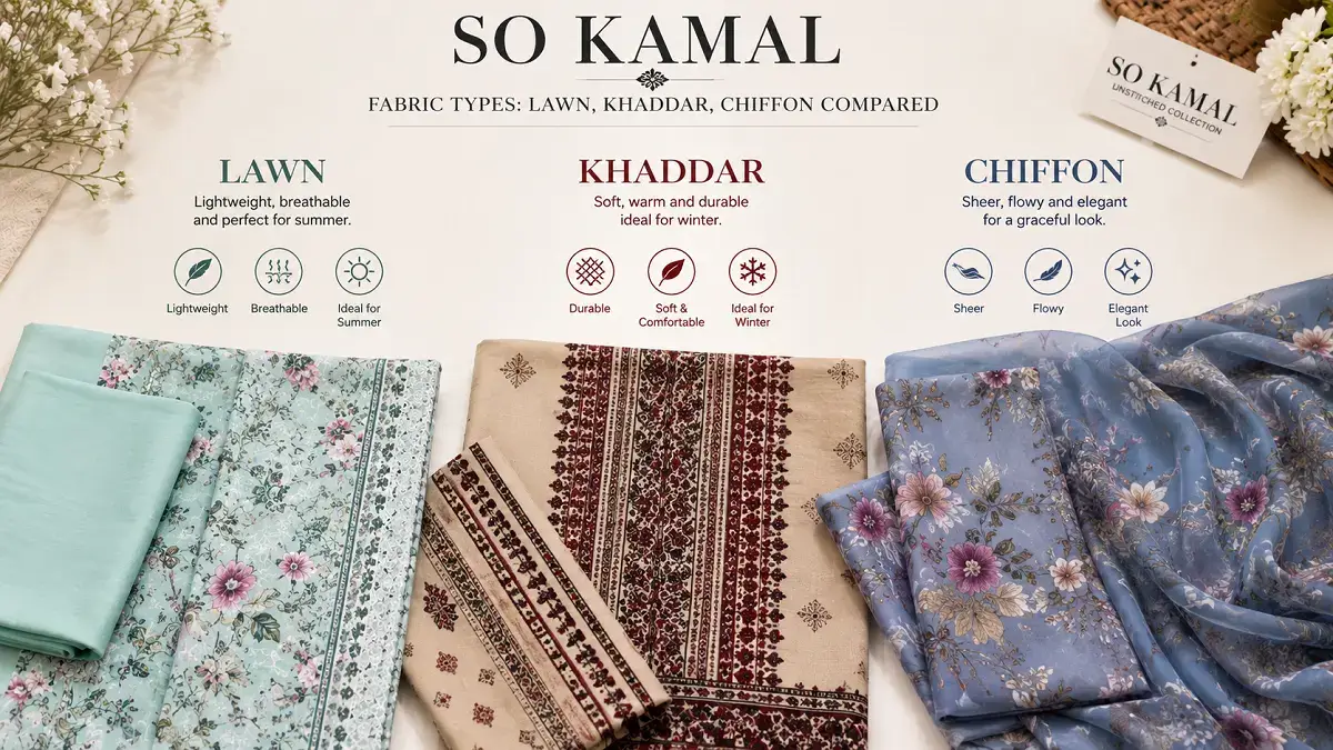 So Kamal fabric types: lawn, khaddar, chiffon compared