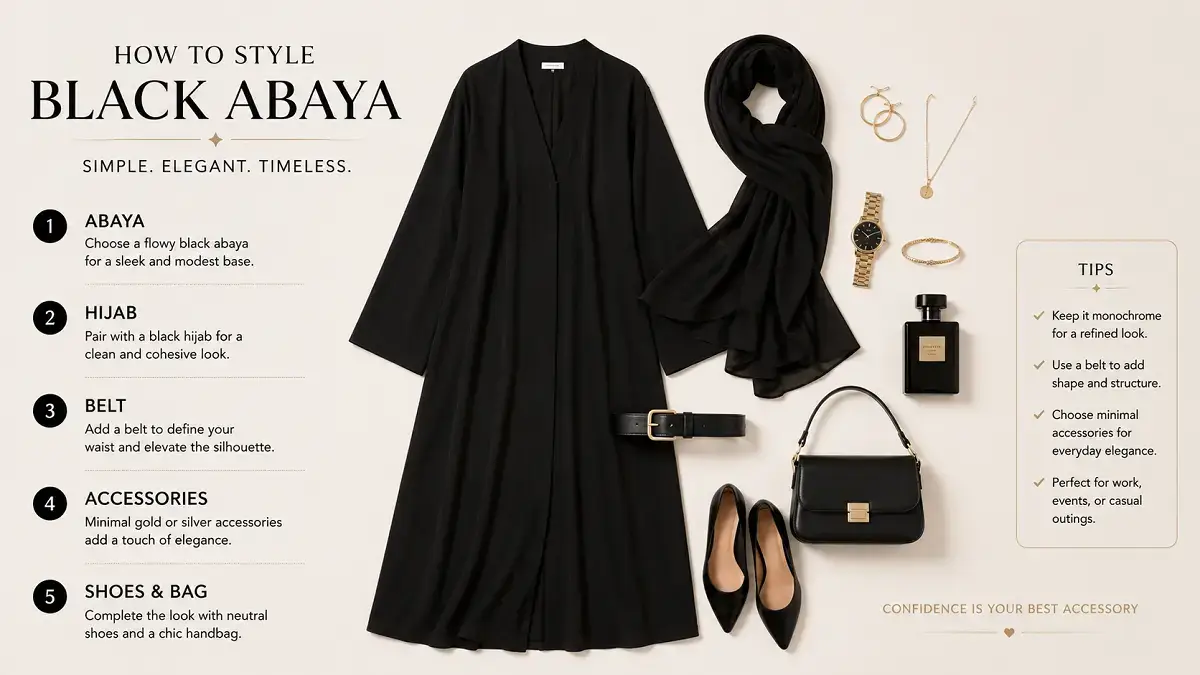 Styling a black abaya with hijab, belt and accessories