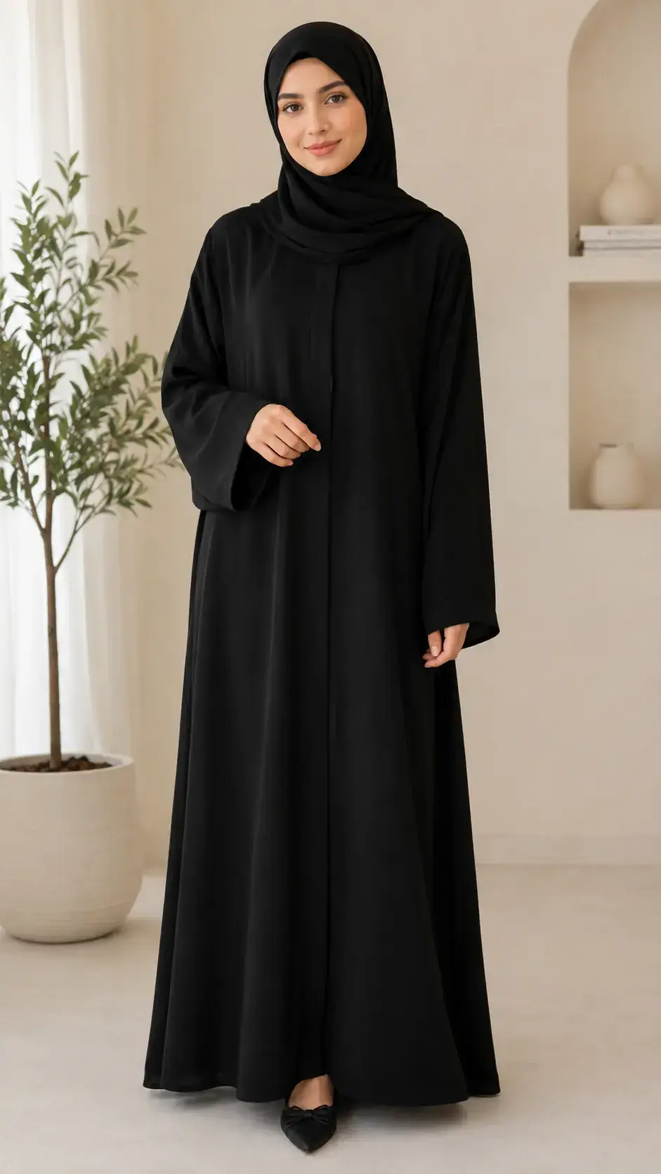 Woman wearing a plain black abaya with matching hijab