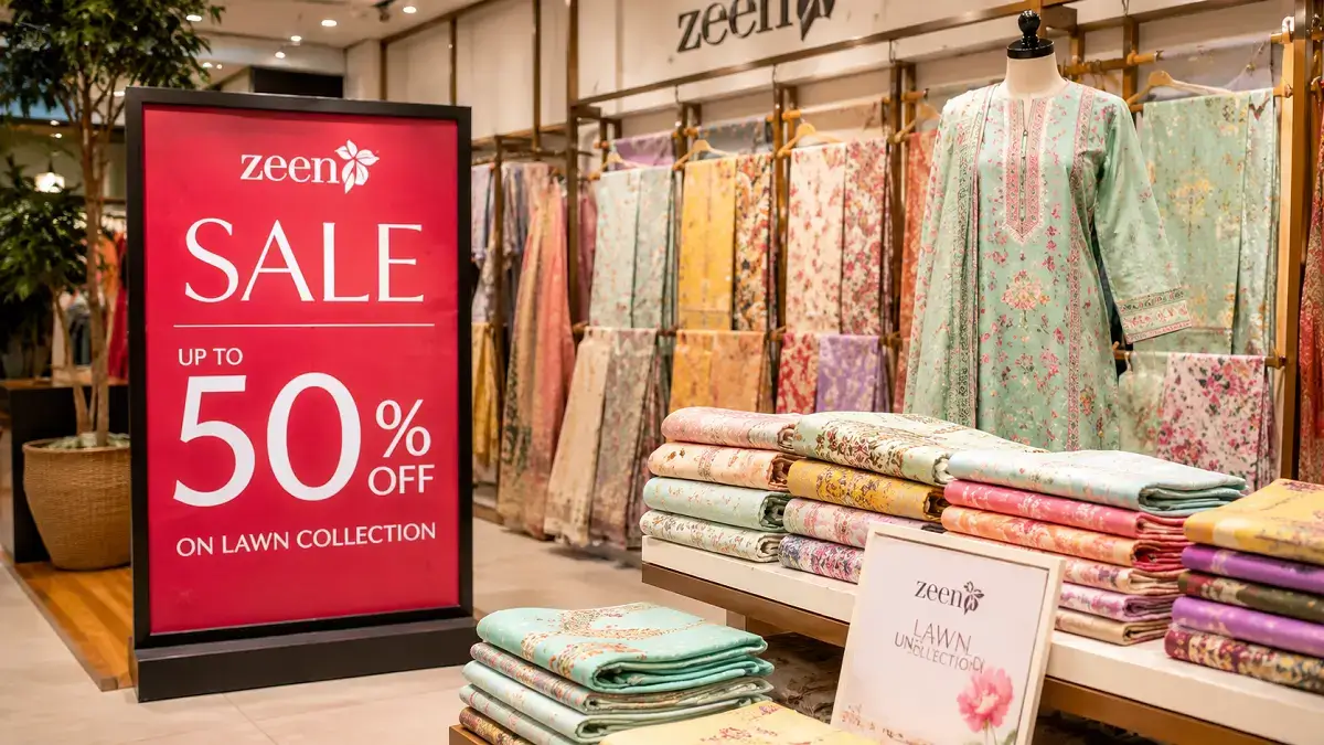 Zeen Sale 2026: Up to 50% Off Women's Clothing in Pakistan 2 Zeen sale unstitched lawn collection displayed in-store