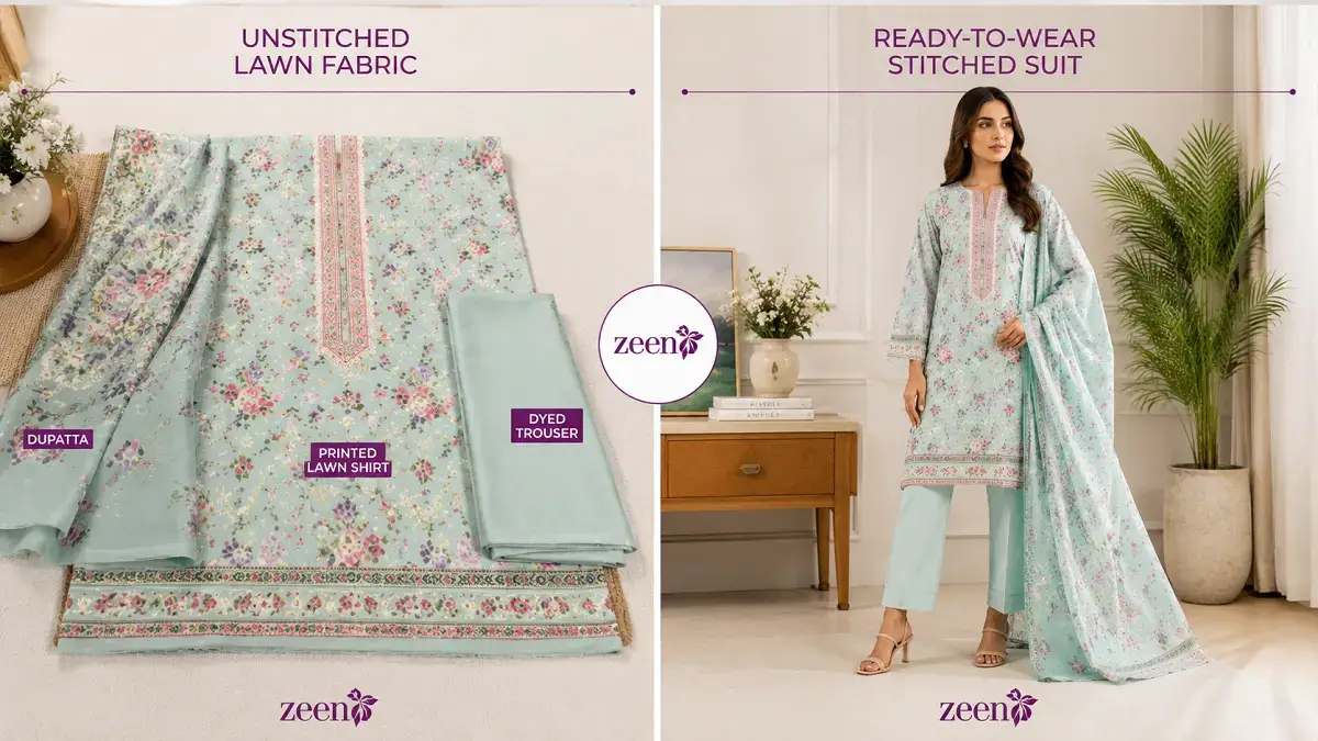 Zeen Sale 2026: Up to 50% Off Women's Clothing in Pakistan 3 Zeen unstitched lawn fabric next to ready-to-wear stitched suit