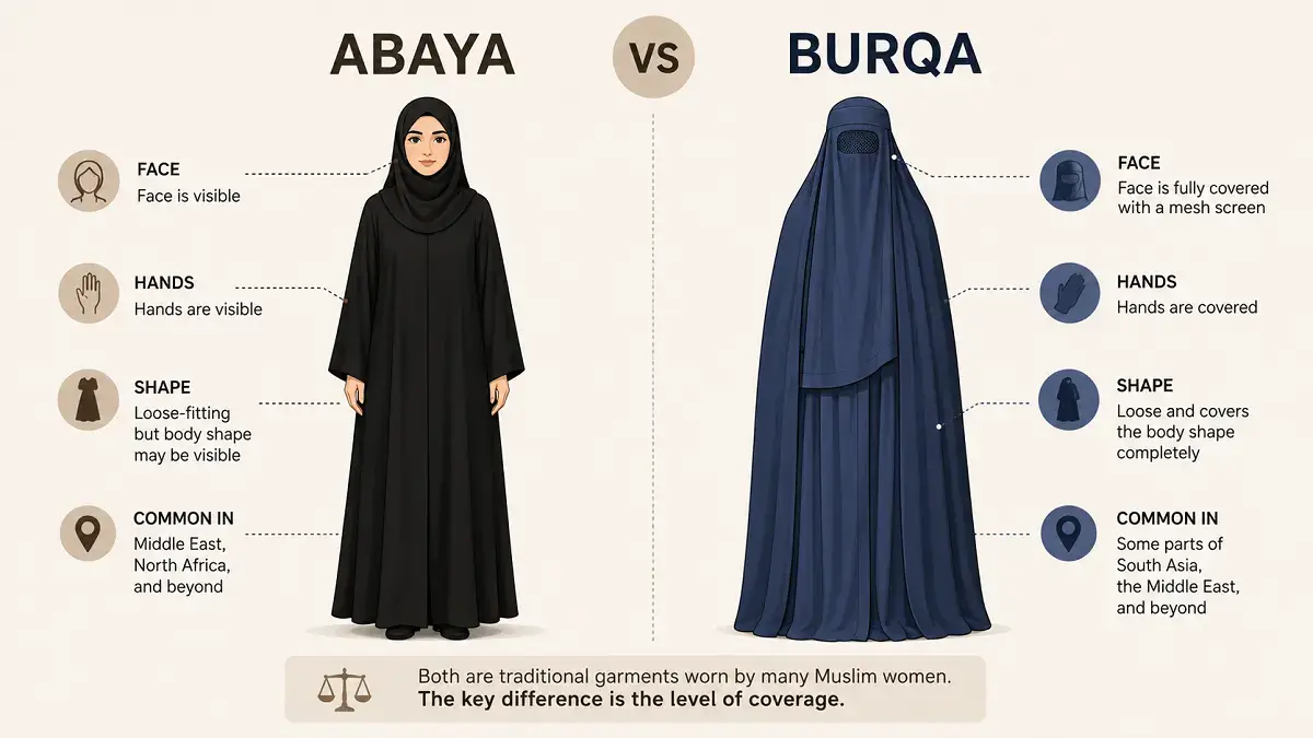 Abaya vs Burqa | A Complete Guide to the Differences Between These Garments 2 Abaya vs burqa comparison illustration showing coverage differences