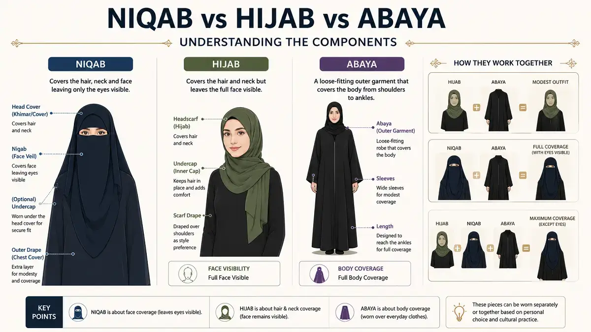 Breakdown of niqab vs hijab vs abaya structural components