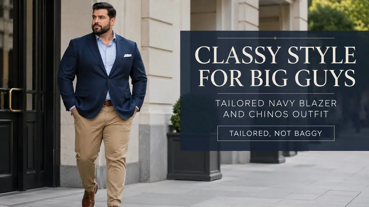 Classy style for big guys: tailored navy blazer and chinos outfit