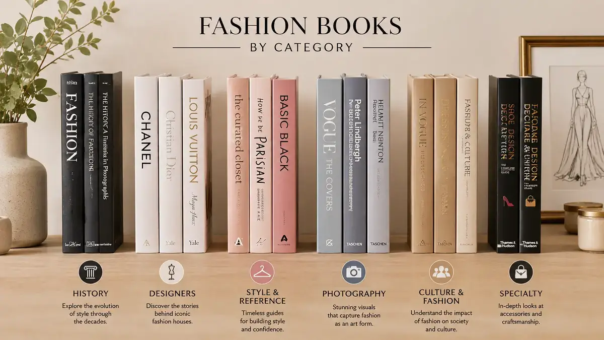 Collection of fashion books grouped by category on a shelf