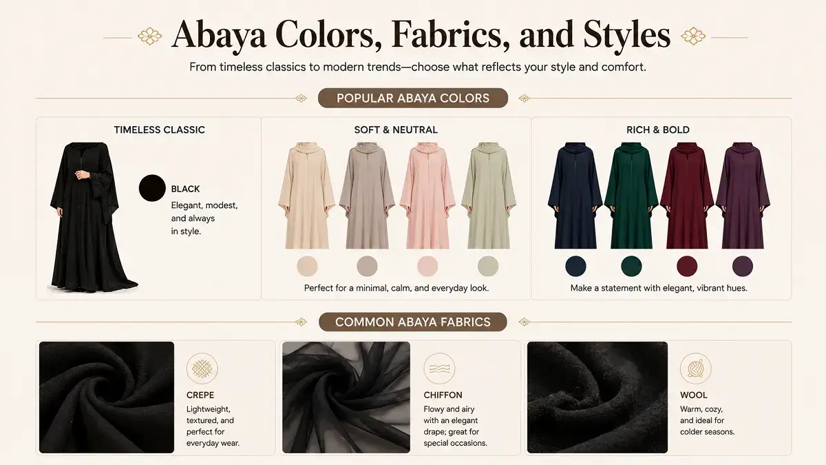 Common abaya colors and fabrics, from traditional black to modern pastels