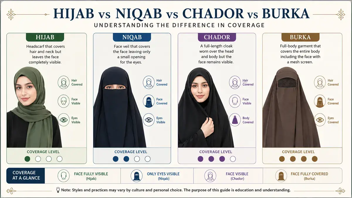 Diagram showing coverage levels of hijab, niqab, chador, and burka